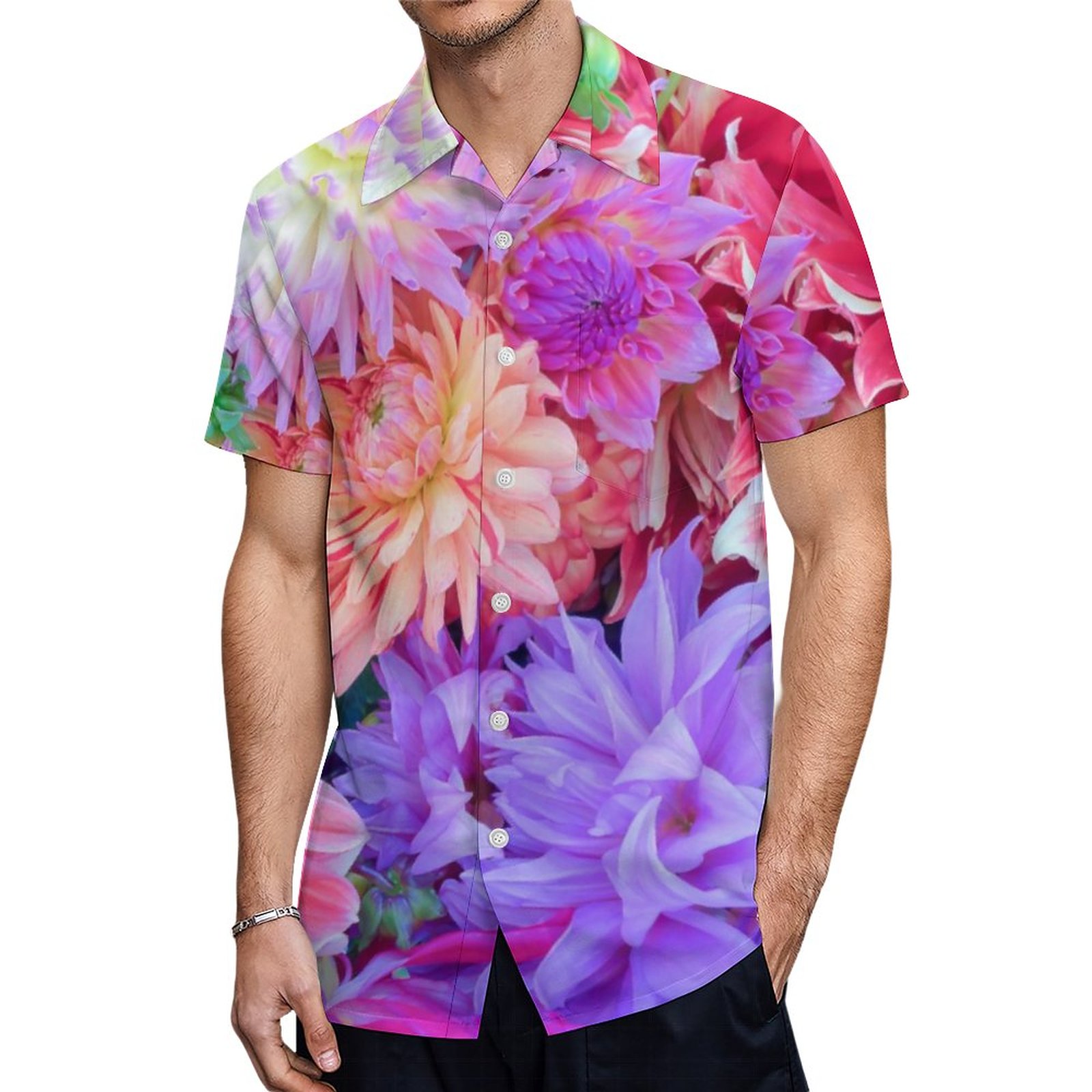 Elegant Red Pink Purple Orange Flowers Bouquet Hawaiian Shirt Mens Button Down Tropical Hawaii Beach Shirts