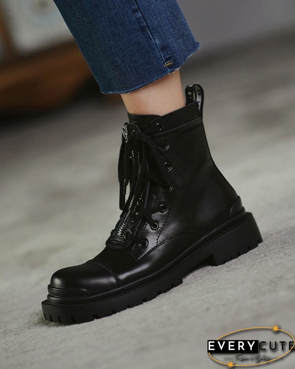 Color Patchwork Round-toe Lace-up Boots