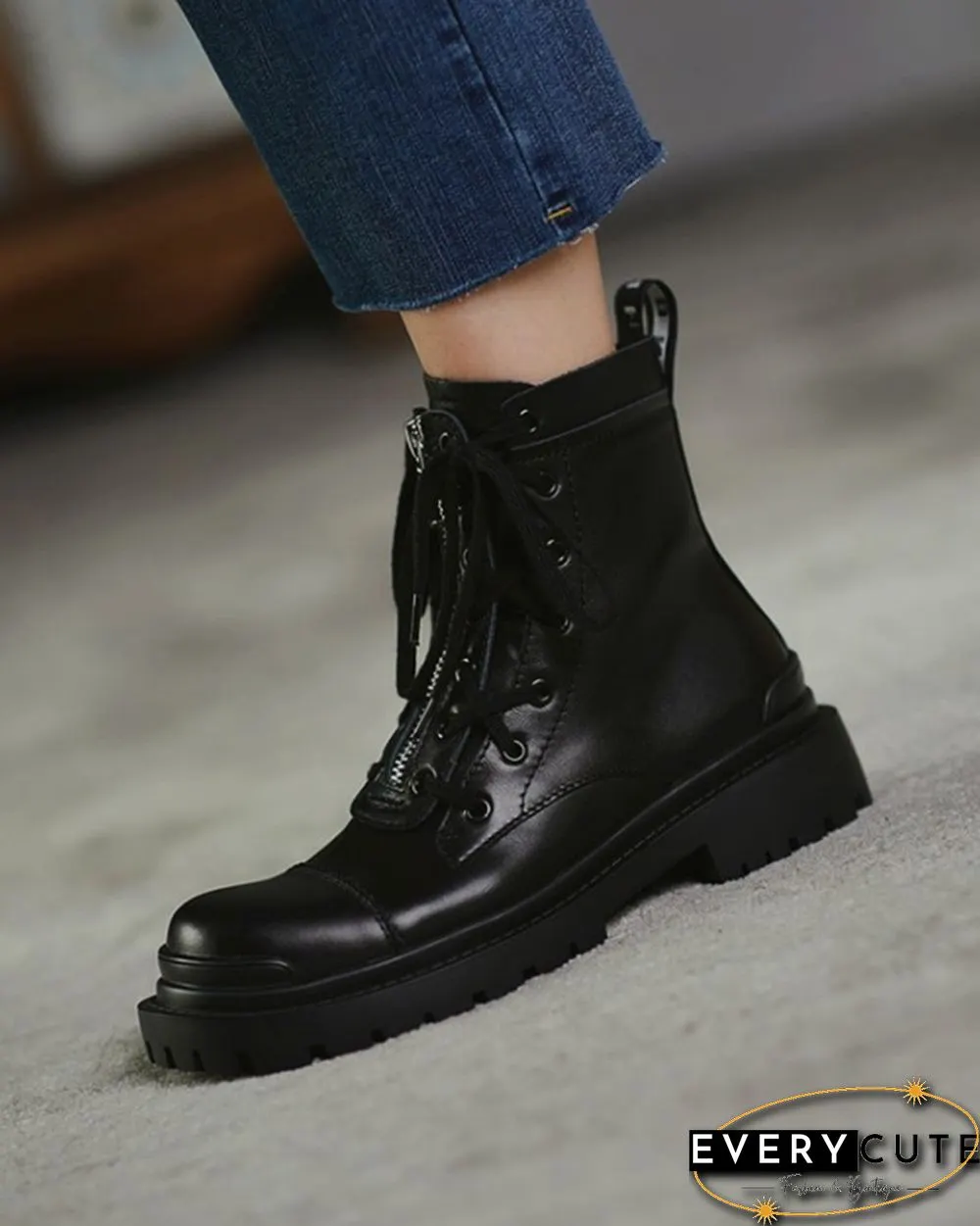 Color Patchwork Round-toe Lace-up Boots