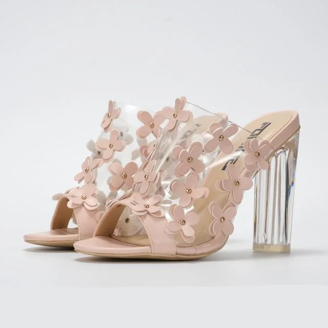 Women Transparent High Heel Sandals With Small Flower Open Toe Summer Sandals