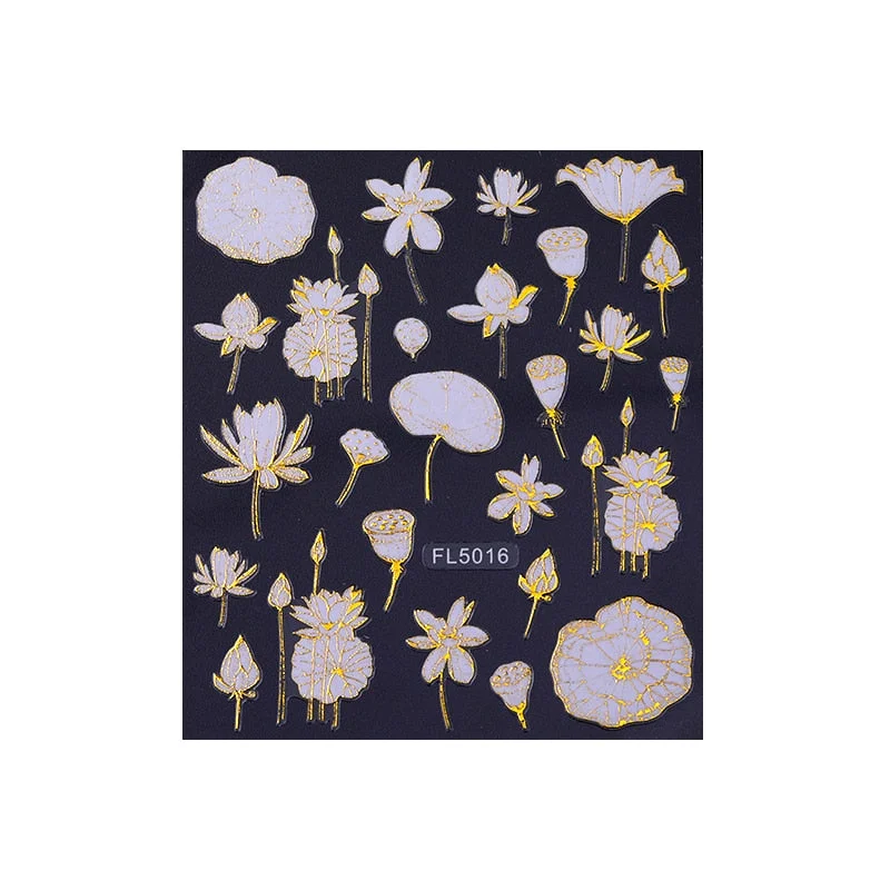 1 Sheet Gold White Spring Summer 3D Nail Sticker Decals Flower Butterfly Transfer Slider Paper Nail Art Decoration Manicures