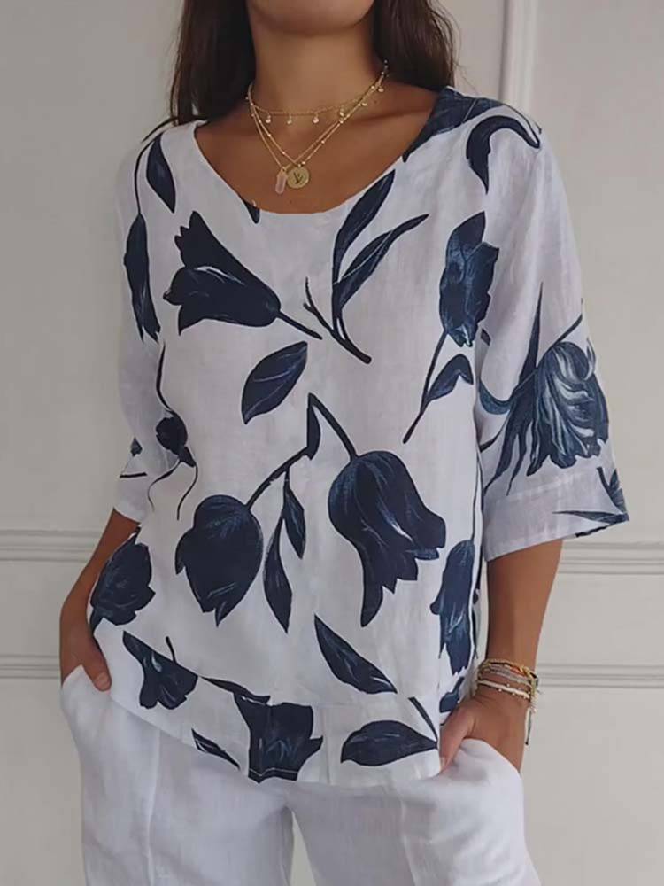 Comstylish Casual Floral Printed Round Neck Linen T-Shirt