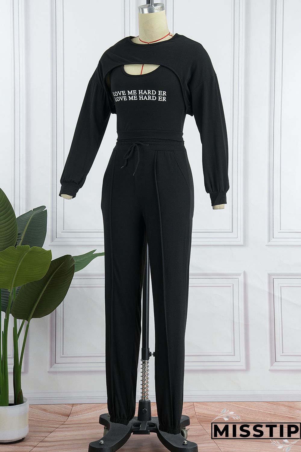 Army Green Casual Letter Print Hollowed Out Patchwork O Neck Long Sleeve Two Pieces