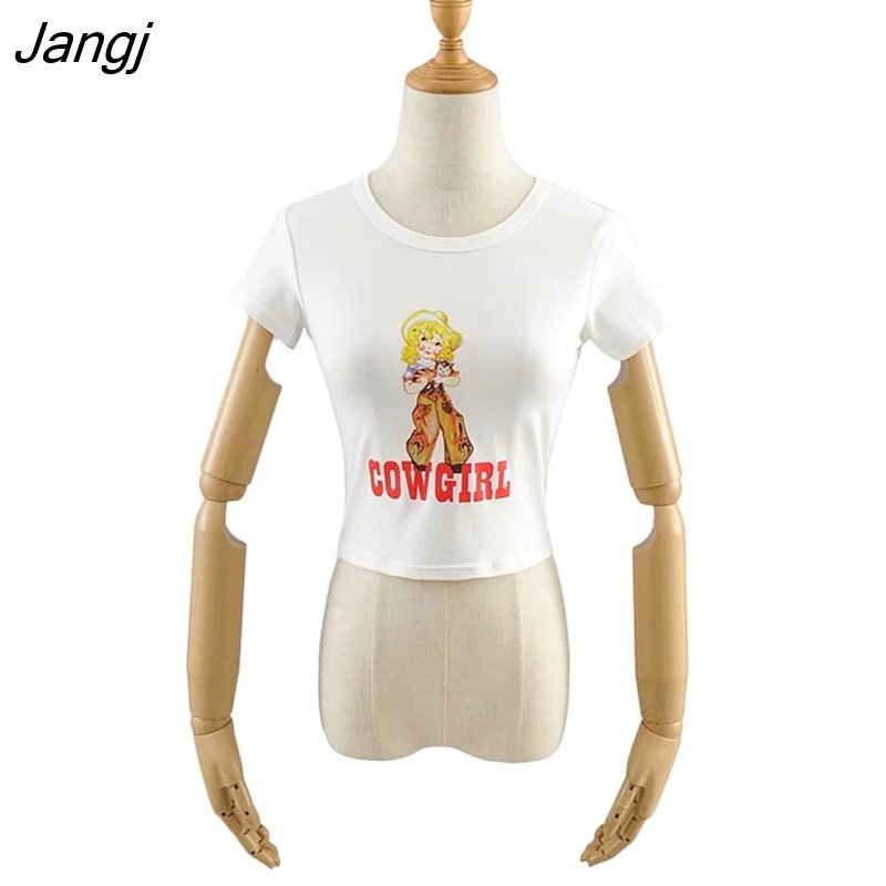 Jangj Women Cowgirl Print Crop Tee Short Sleeve Crop T-shirt