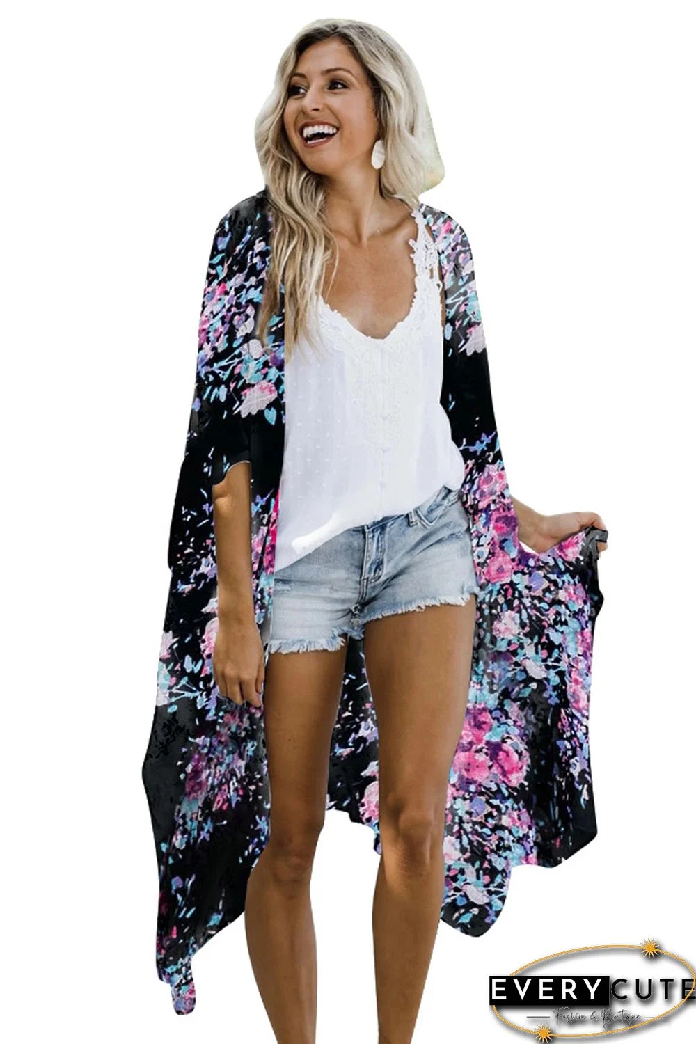 Black Floral Kimono Sleeves Chiffon Loose Beach Cover Up