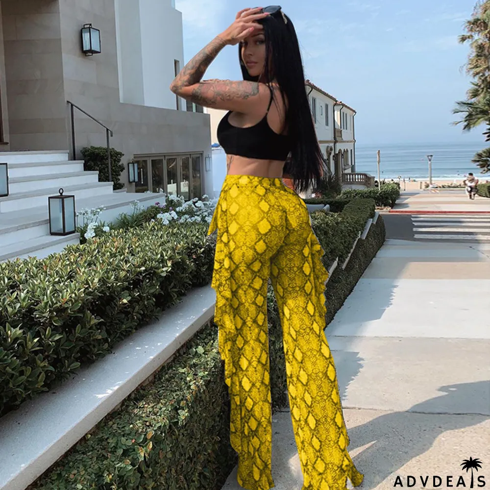 Snake Skin Print Ruffled High Waist Pants
