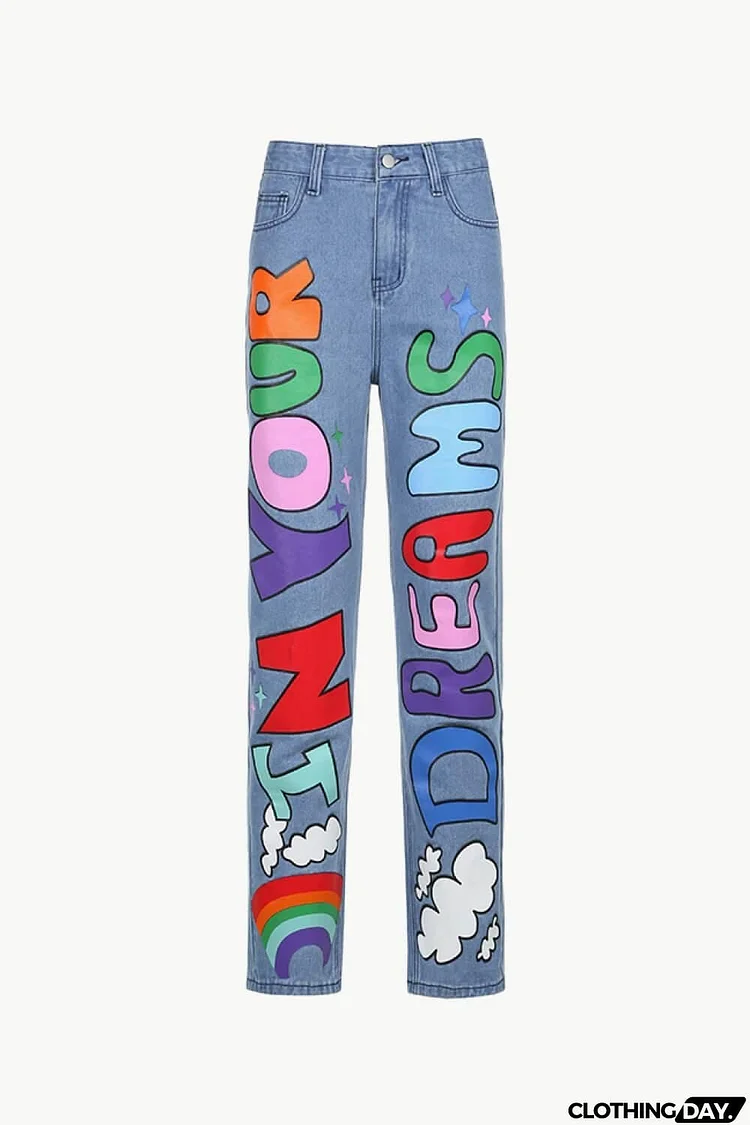 Letter Print High-Waisted Jeans