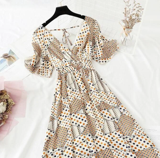 Summer Vintage Floral Chiffon Long Dress Sexy V-neck Ruffle Boho Dresses 2021 Elegant Women Party Short sleeve Dress Vestidos