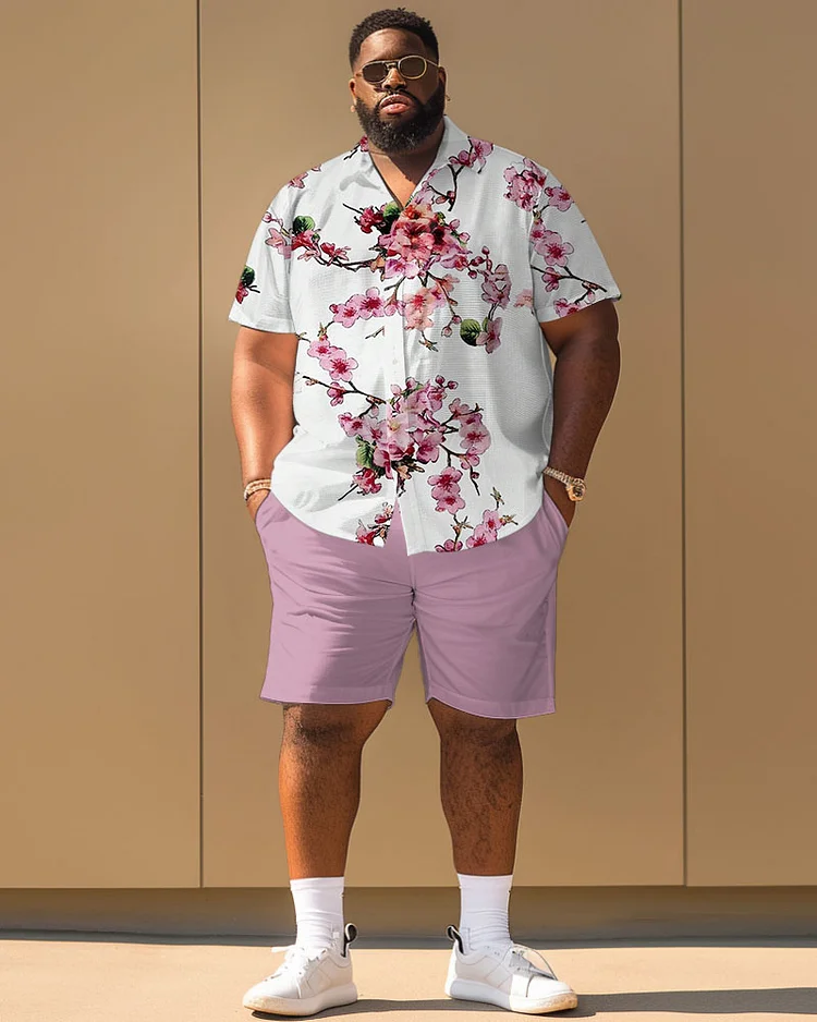 Men's Plus Size Casual Simple Colorblock Floral Print Short Sleeve Shirt Shorts Suit