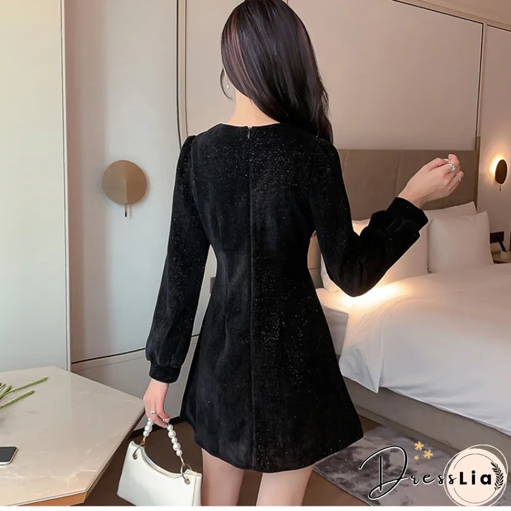 Luxury French Corduroy Mini Dress Womens Elegant Pearl Button Party Evening Classic Black