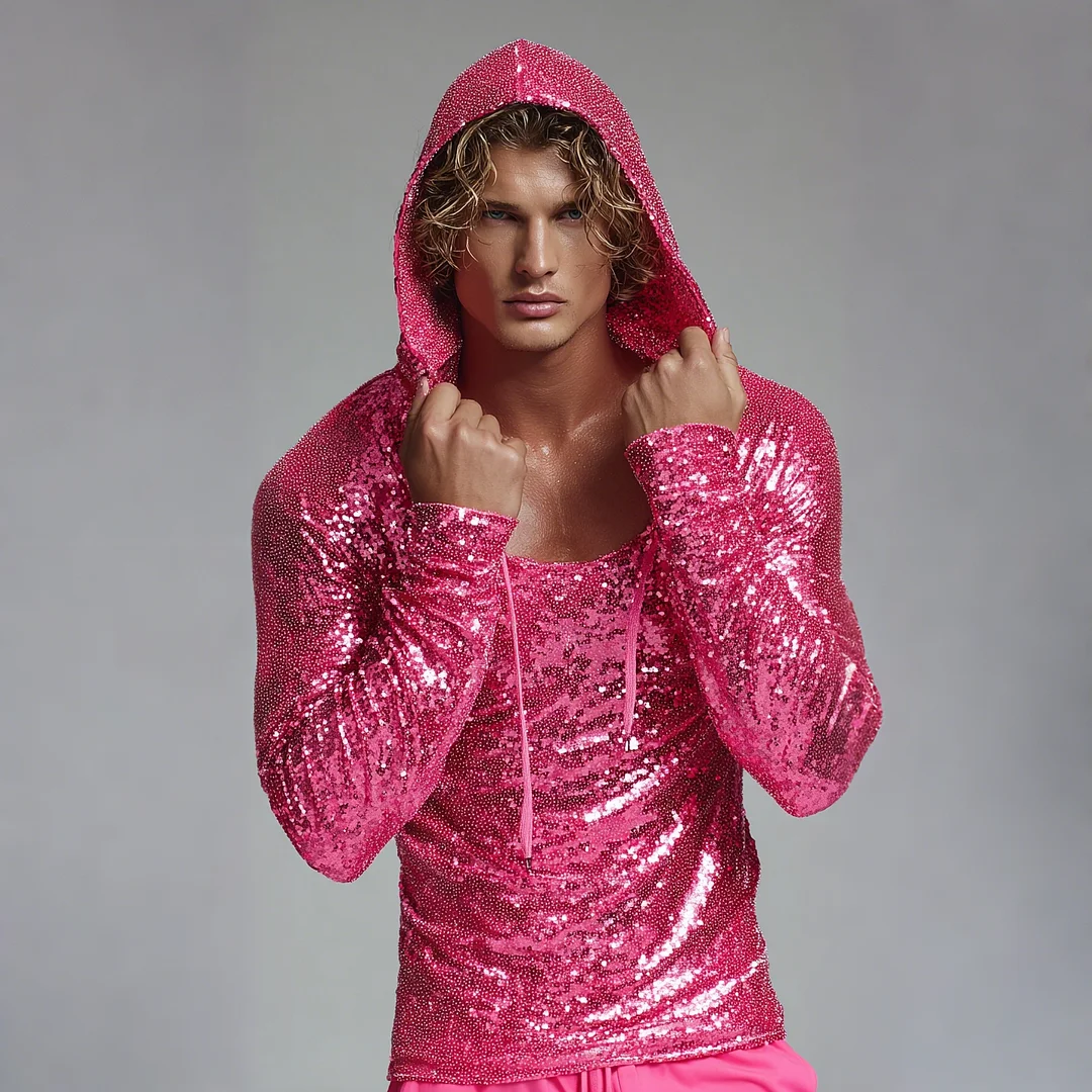 Men's Sequined Shimmering Long-sleeved Hooded T-shirt-inspireuse