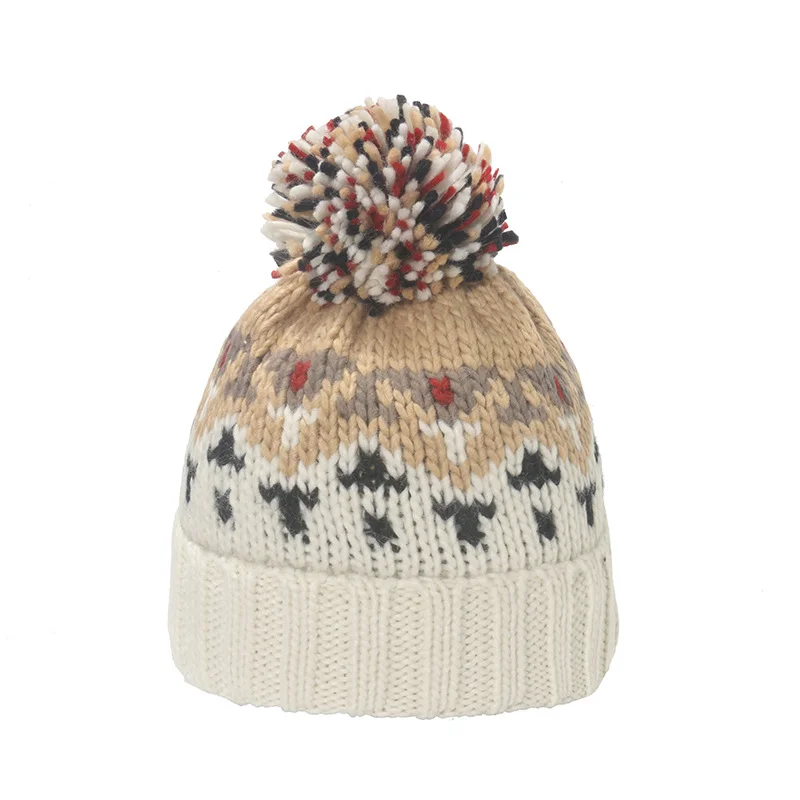 Warm Mohair Geometric Diamond Jacquard Fur Ball Wool Hat