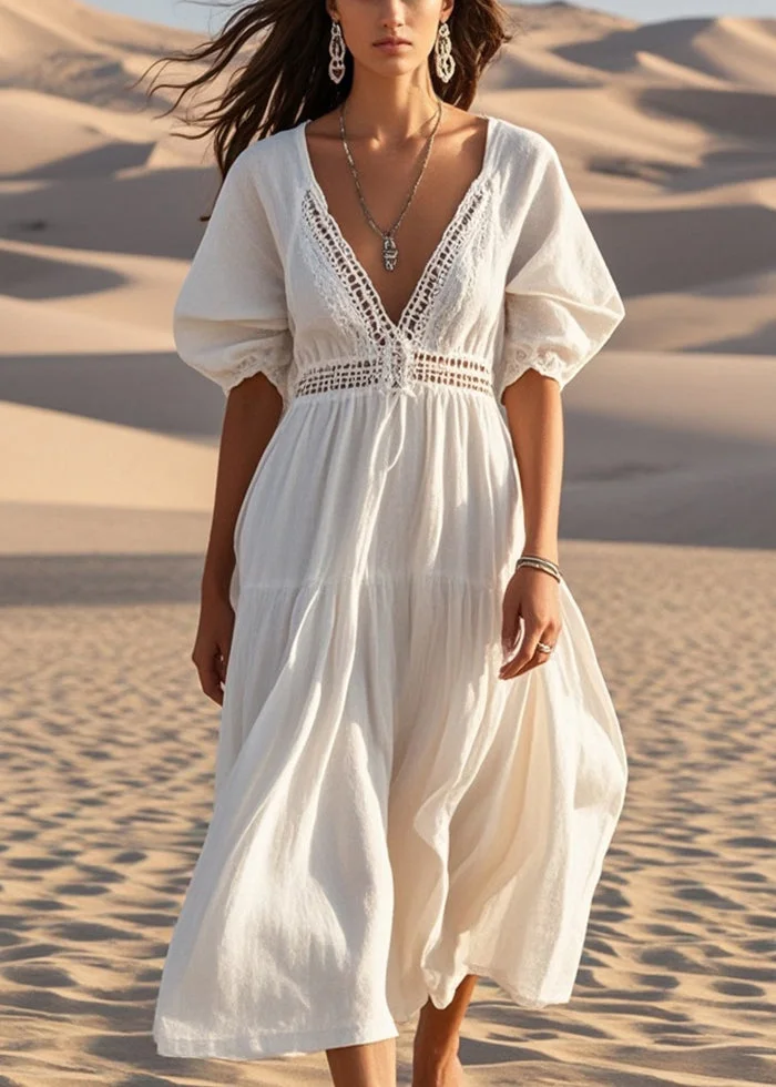 Unique White V Neck Hollow Out Cotton Maxi Dresses Summer