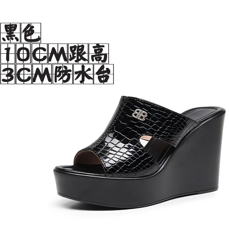 Breakj Breakj Leather Slope And Slippers Women Wearing Fashion Pine Cake Thick Bottom Fitting Room A Word Drag Anti-Slip High And Cow Skin Cold Drag