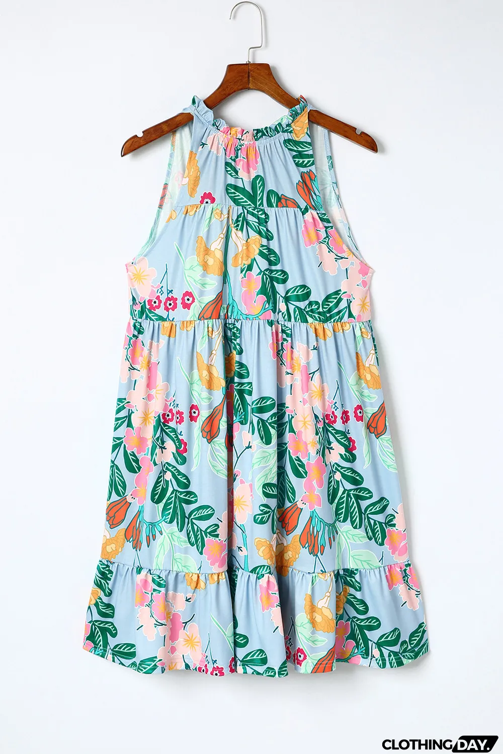 Sky Blue Floral Print Ruffled Lace-up Mock Neck Mini Dress