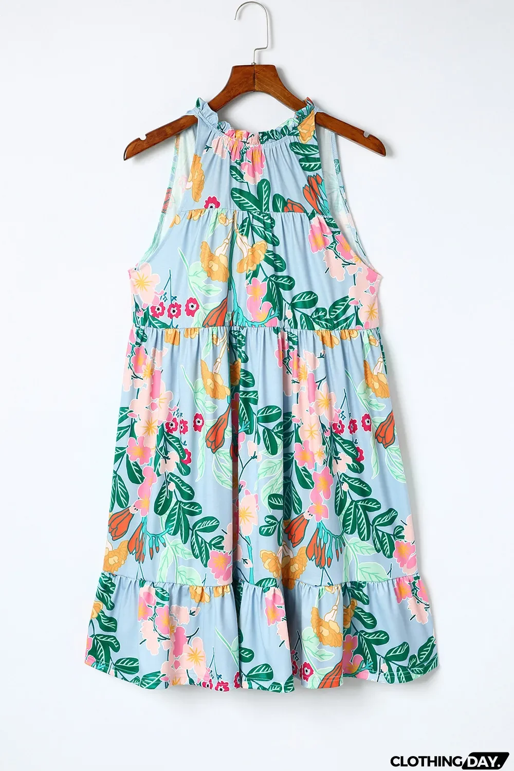 Sky Blue Floral Print Ruffled Lace-up Mock Neck Mini Dress