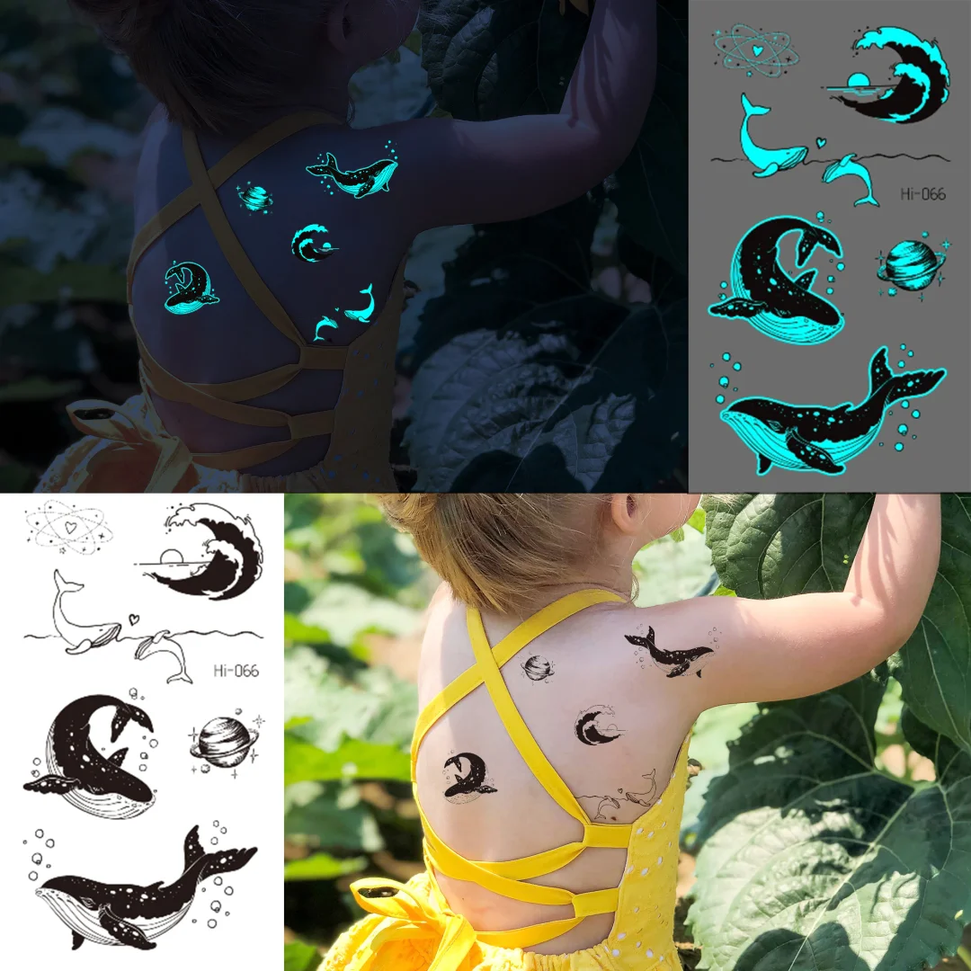 Sdrawing Glowing Butterfly Sea Waves Temporary Tattoos For Women Men Glow In The Dark Glitter Feather Fake Tattoo Sticker Luminous