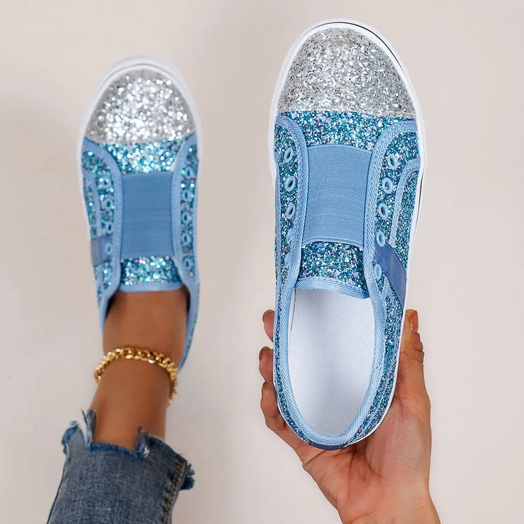Women's Blue Silver Rhinestone Glitter Slip On Loafers Casual Shoes