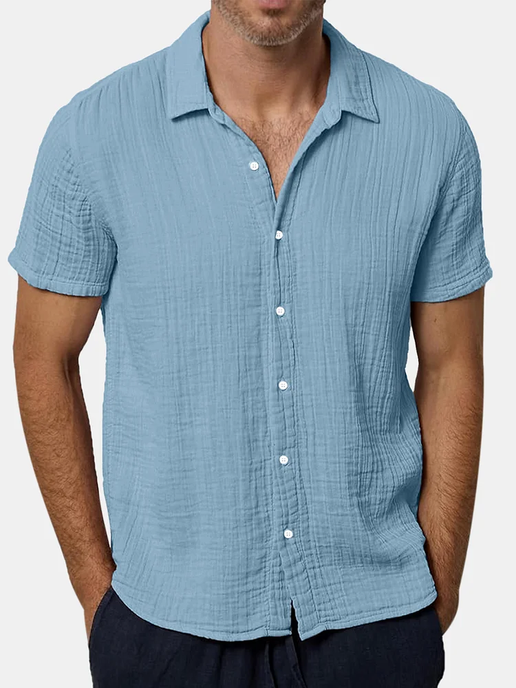 Men's Solid Color Casual And Comfortable Hidden Plaid Short-sleeved Shirt