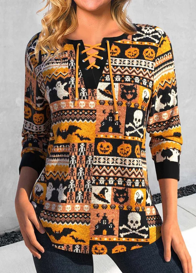 Button Halloween Pumpkin Print Orange V-Neck Top VangoghDress