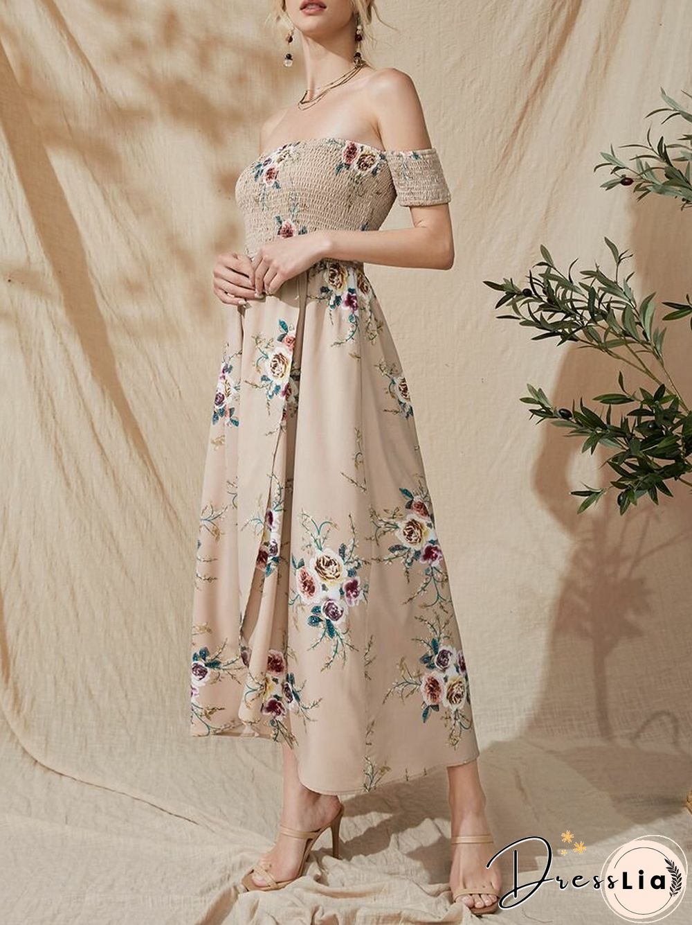 Flower Print Short Sleeve Asymmetrical Hem Maxi Dress