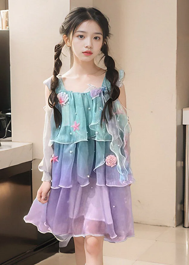 Gradient Color O-Neck Kids Chiffon Maxi Dress Summer