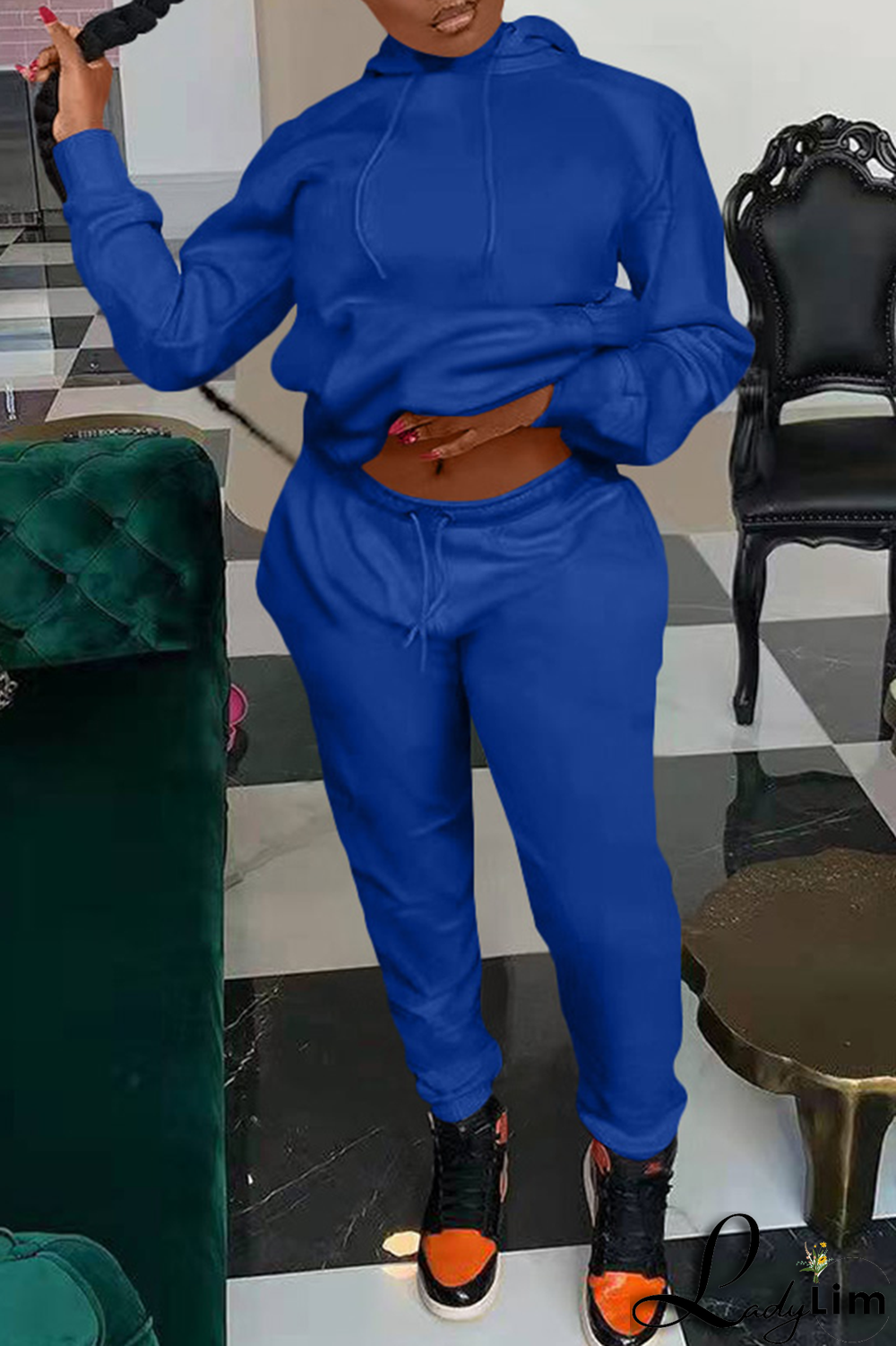 Blue Casual Solid Split Joint Hooded Collar Long Sleeve Two Pieces