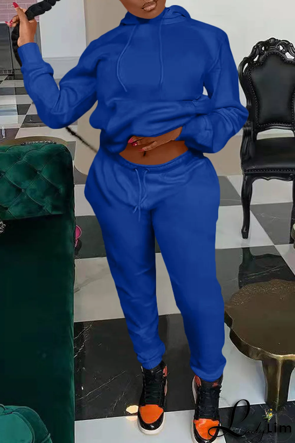 Blue Casual Solid Split Joint Hooded Collar Long Sleeve Two Pieces