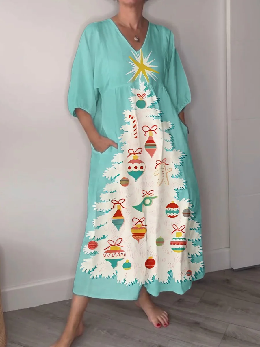 Women's Christmas Tree Decoration Painting Print Pocket V-neck Cotton Dress