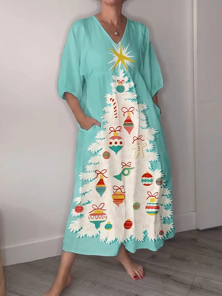Women's Christmas Tree Decoration Painting Print Pocket V-neck Cotton Dress