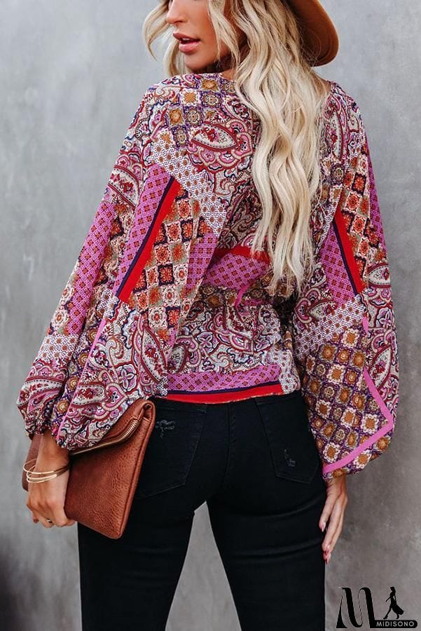 MidiSono - Patchwork Printed Drawstring Blouse
