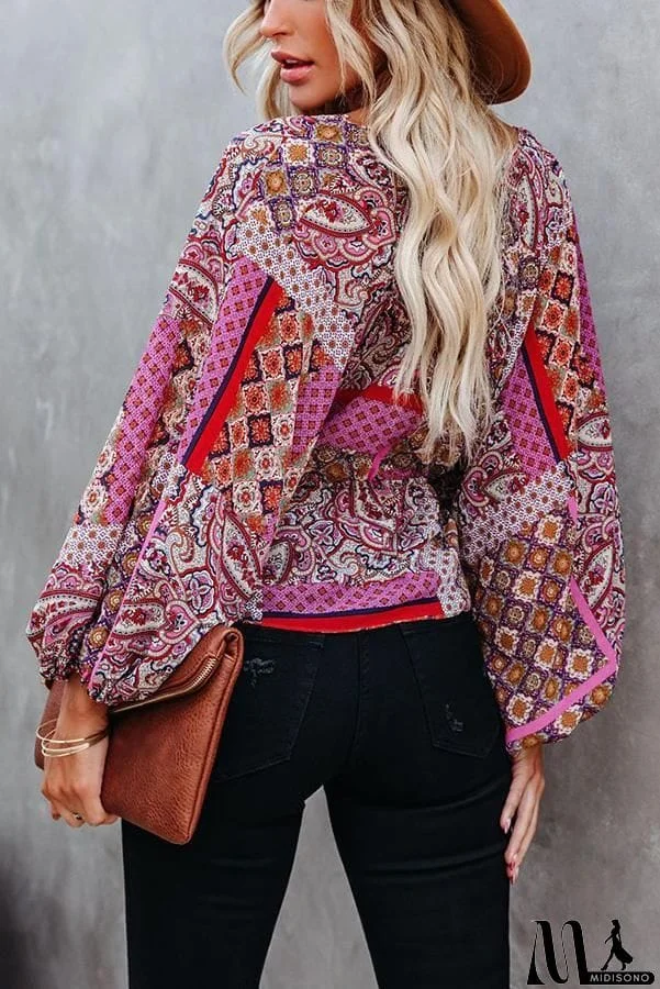 MidiSono - Patchwork Printed Drawstring Blouse