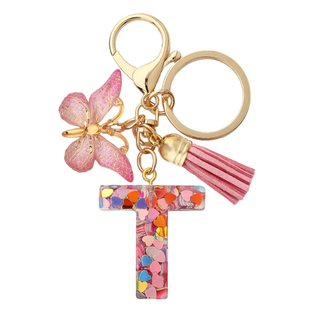 Resin Initial Letter Keychains Alphabet Letter Keychain Pink Tassel Butterfly Key Ring