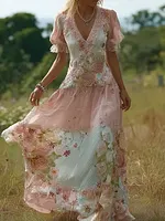 Bohemian Retro Countryside Style Plant Flower Design Women's Linen Dress
