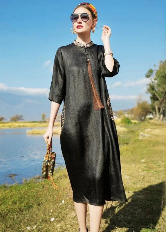Chinese Style Black Embroideried Tasseled Silk Dresses Bracelet Sleeve