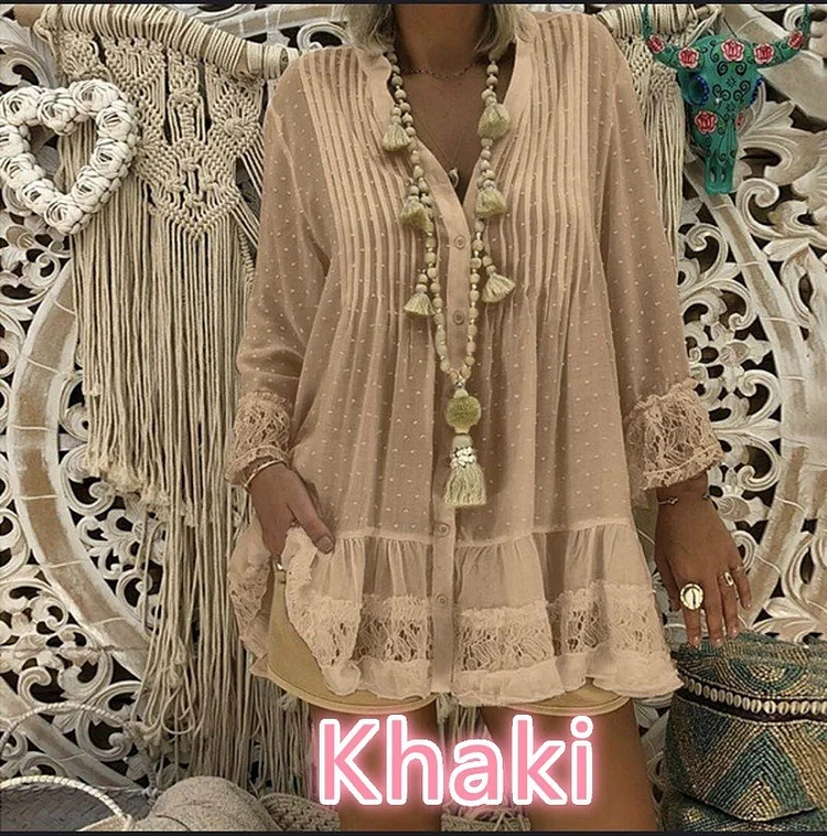 Fashion V Neck Lace Casual Shirt Mini Dress