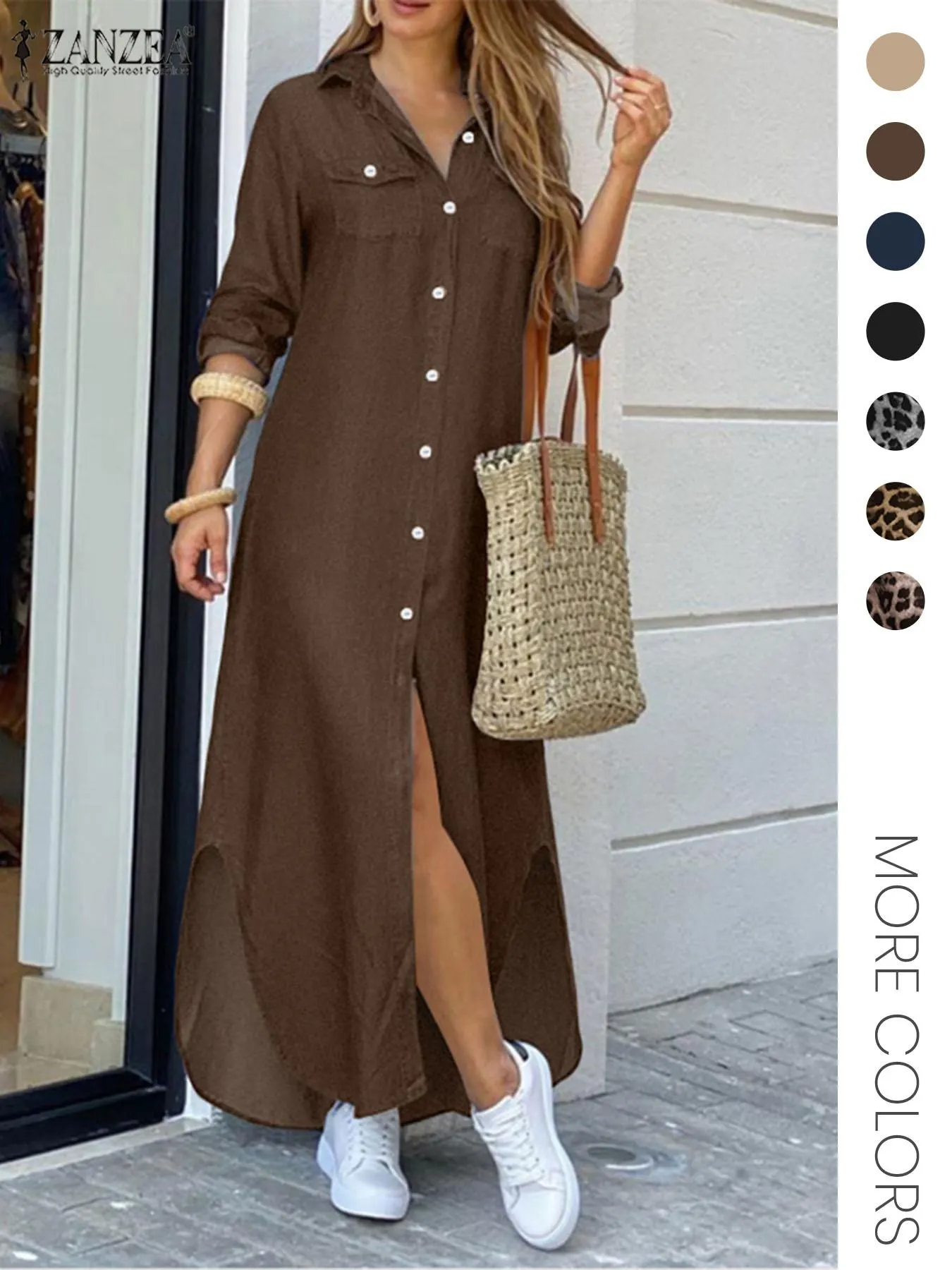Women's Leopard Print Button Front Flap Pocket Shirt Fabric Dress, Casual Curved Hem Long Sleeve Collared Long Dress for Daily Wear, Ladies' Clothes for All Seasons, Womenswear