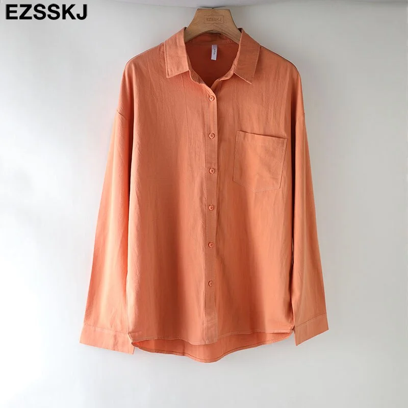 EZSSKJ 2021 new chic casual loose cotton blouse shirt women solid color oversize long blouse shirt  Women