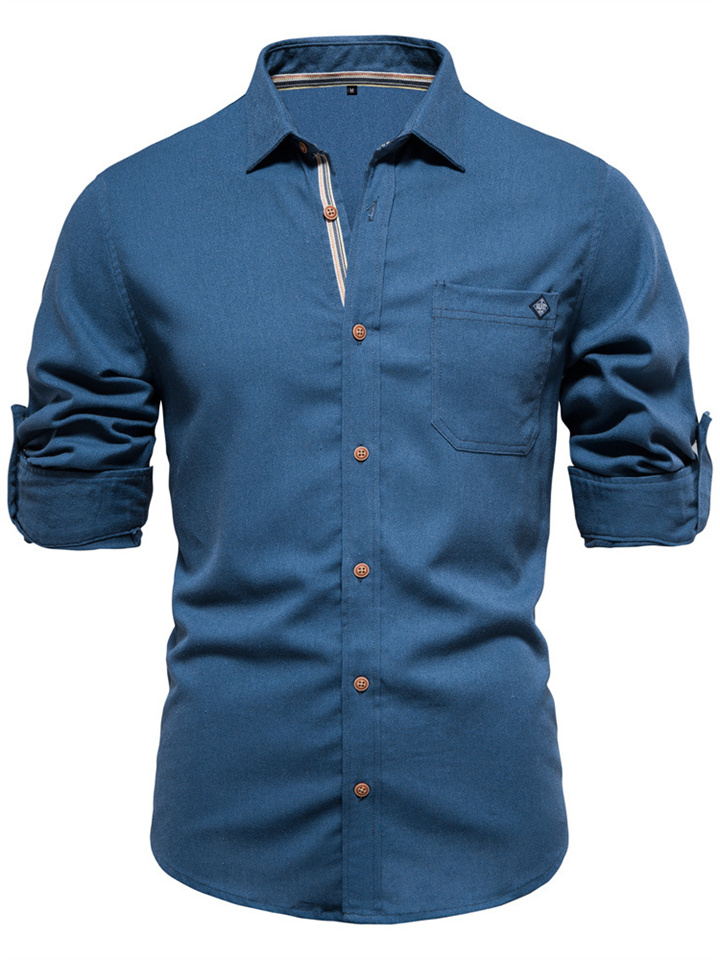 Lapel Men's Cotton Shirt Fashion Casual Men's Embroidery Solid Color Long-sleeved Shirt