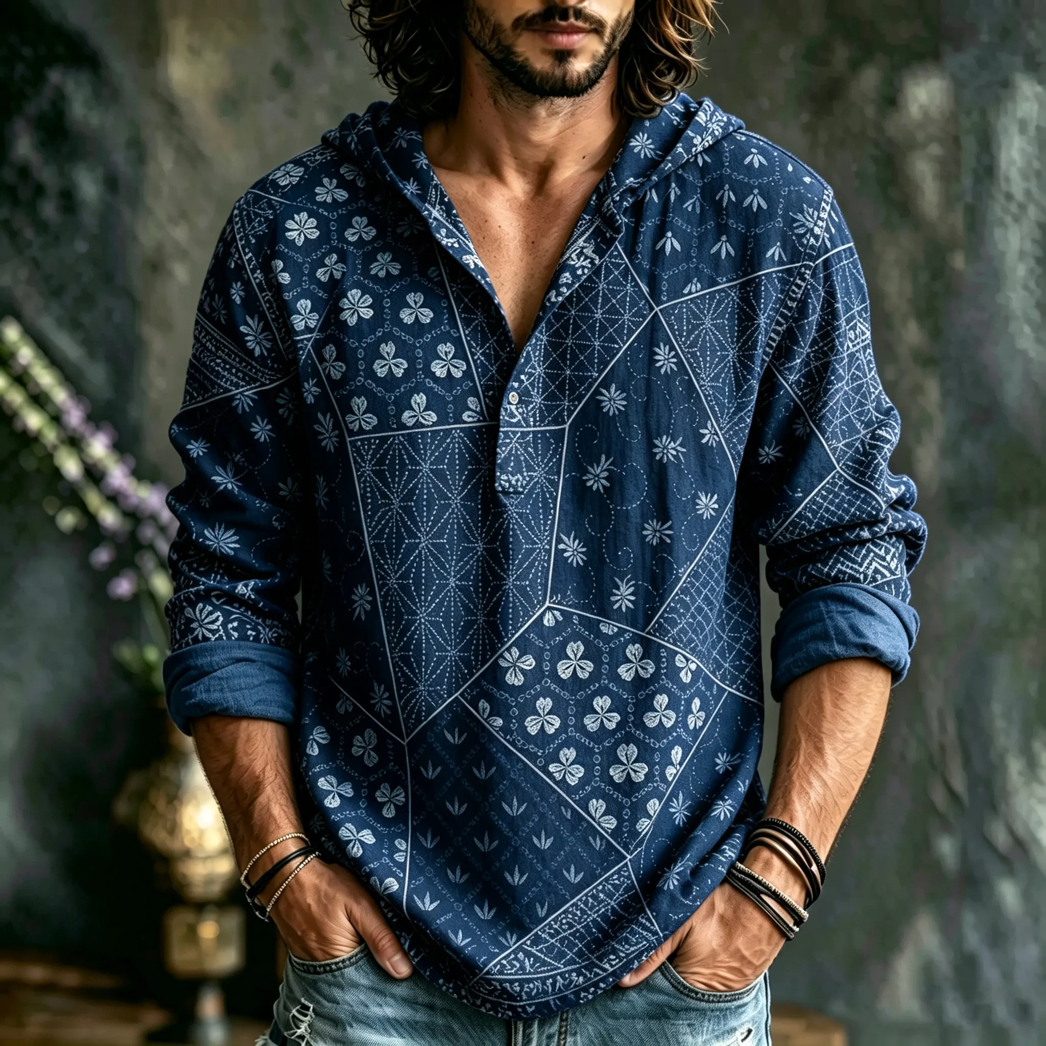 Men's Japanese Art Vacation Floral Pattern Cotton Linen Hooded Top  artssus