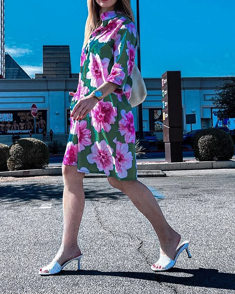 Colorblocked Printed Lapel Shirt Dress