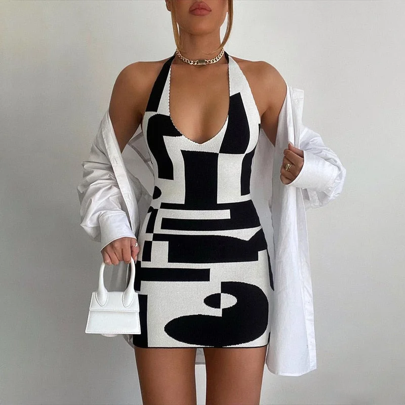 Y2K 2022 Fashion Designer Checkered Halter Casual Sexy Backless Women's Clothes One Piece Basic Knit Bodycon Mini Dress