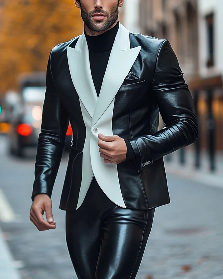 Men’s Stylish Black/White Colorblock Leather Blazer