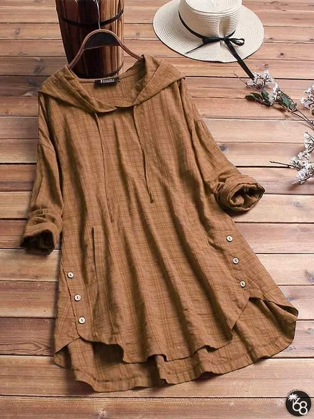 Plus Size Blouse Women Casual Hooded Long Sleeve Check Plaid Loose Tops Shirts Linen | 168DEAL