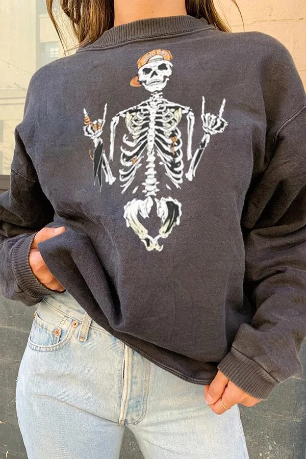 Long Sleeve Skull Round Neck Sweatshirt-Allyzone-Allyzone