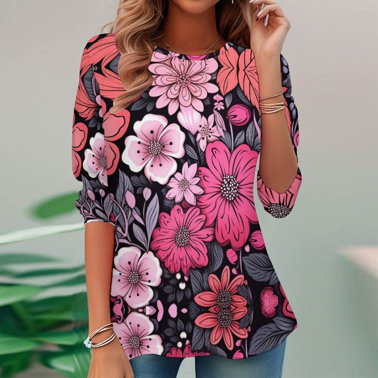Women Long Sleeve V-neck Graphic Floral Printed Top