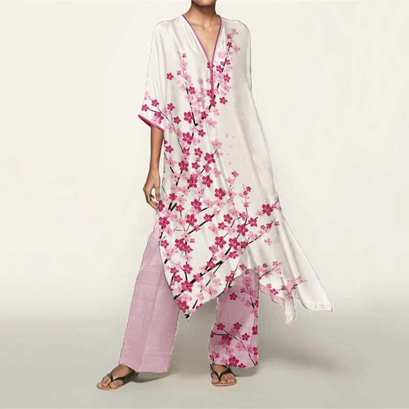 Classy Cherry Blossom Art Flowy Kaftan & Pants Set