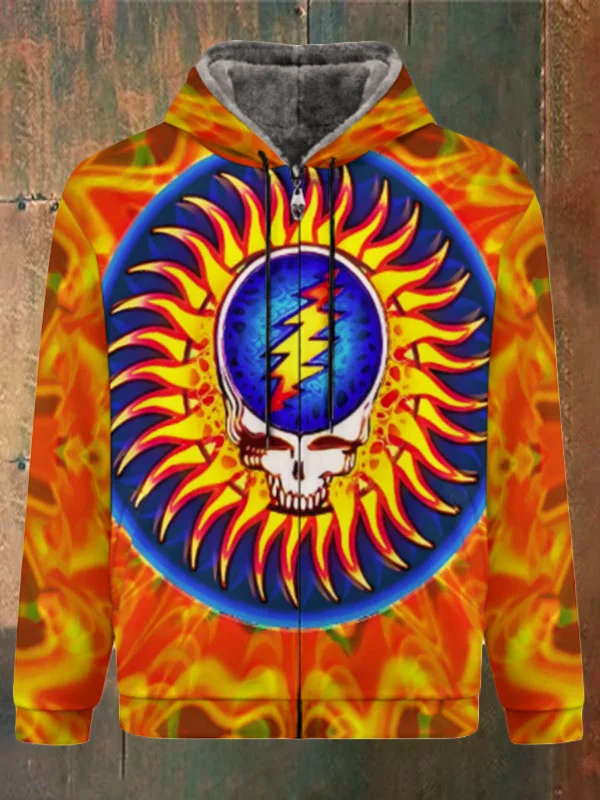 Unisex Skull Print Double Layer Fleece Zip-Up Hooded Jacket