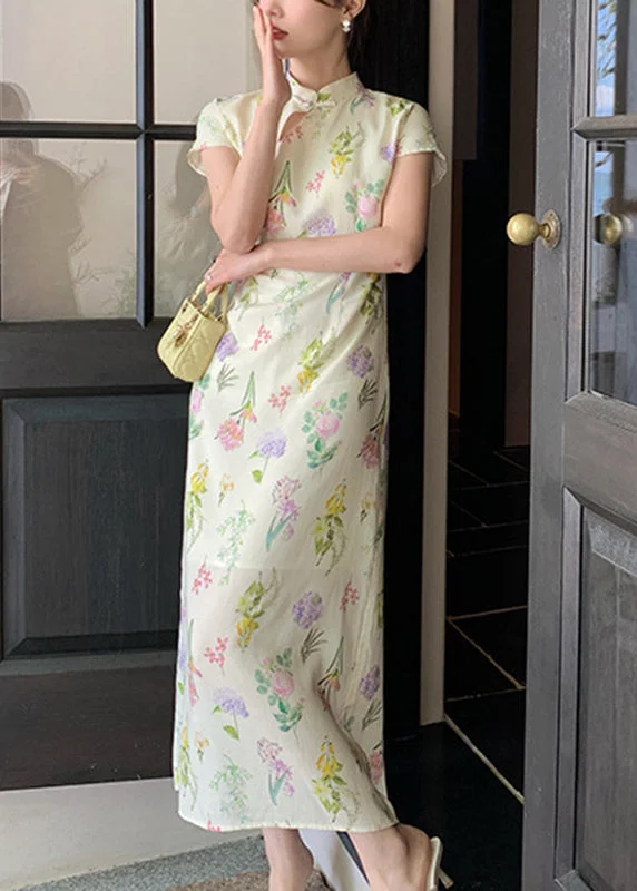 Chinese Style Apricot Stand Collar Print Silk Maxi Dress Short Sleeve