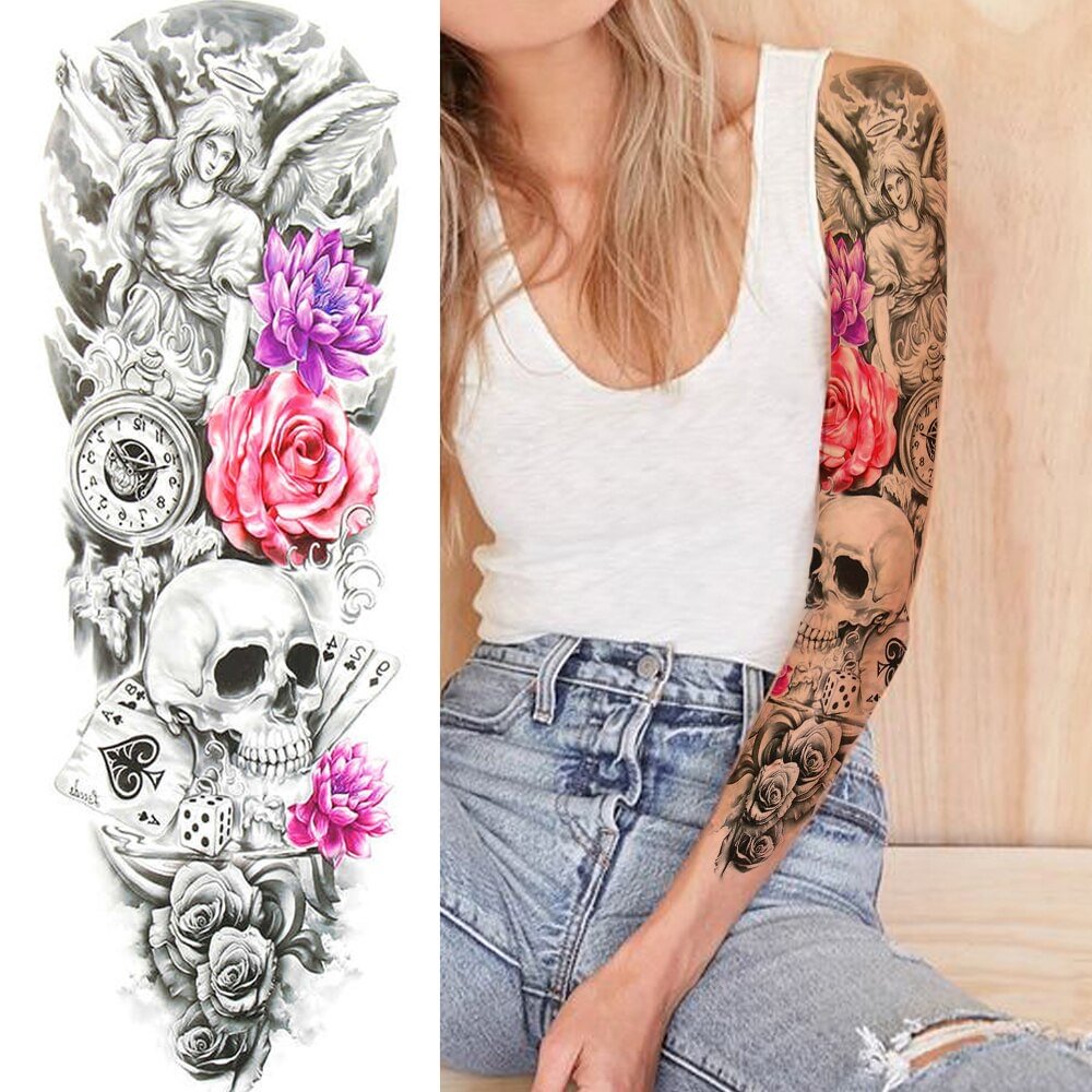 Gingf Skull Temporary Sleeve Tattoos For Women Girls Body Art Tatoos Full Arm Sleeve Tattoo Temporary Fake Washable Flower Decor